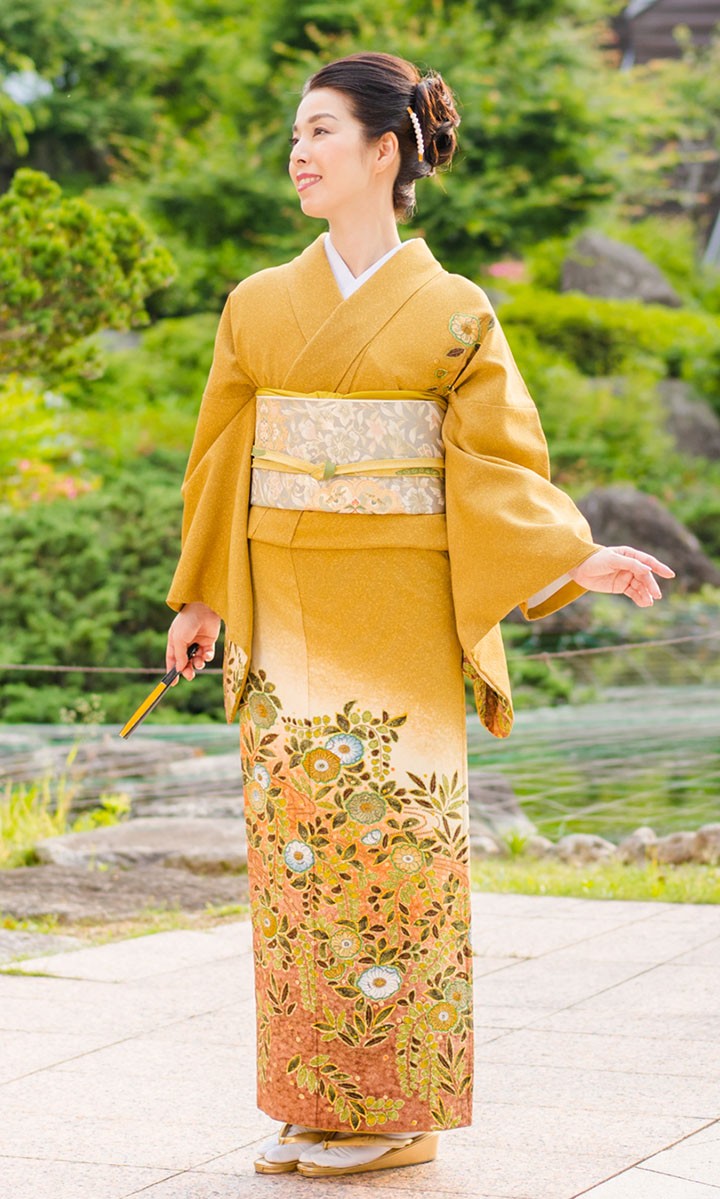 レンタル フルセット 高級正絹 訪問着 HO-FU318 芥子色 辻が花風 結婚