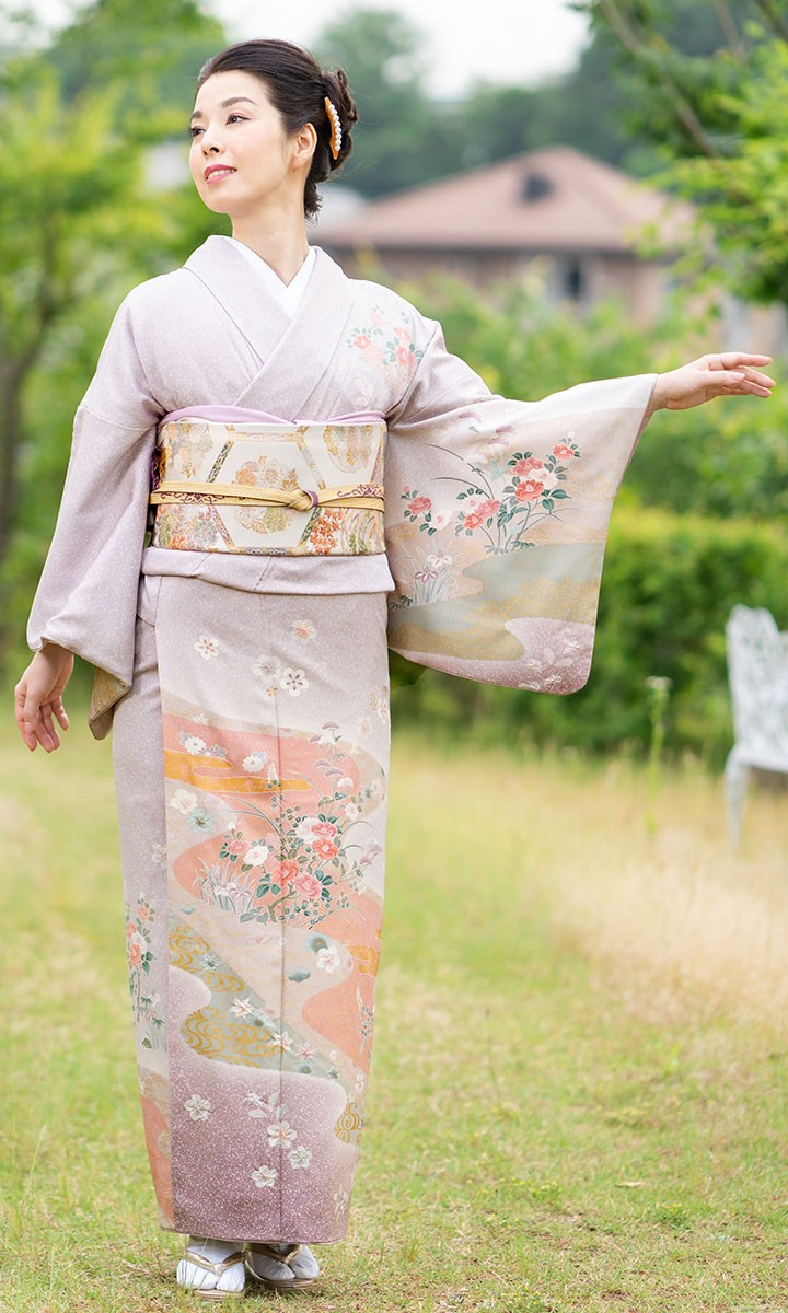 レンタル フルセット 高級正絹 訪問着 HO-MA602 紅藤色 流水に椿 結婚