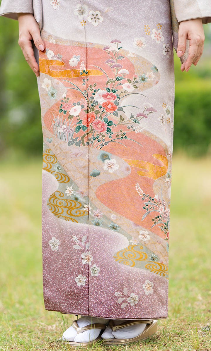 レンタル フルセット 高級正絹 訪問着 HO-MA602 紅藤色 流水に椿 結婚