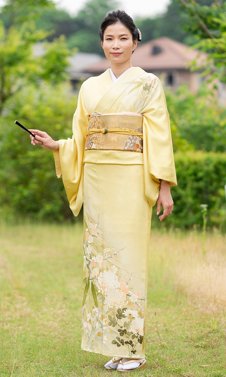 レンタル フルセット 高級正絹 訪問着 HO-MI088 淡黄色 菊・梅・笹