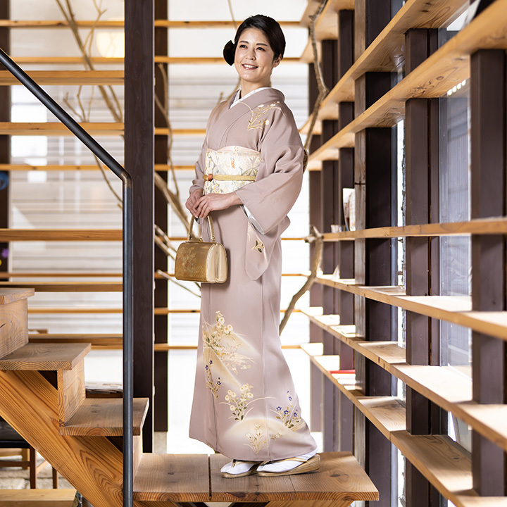 レンタル フルセット 高級正絹 訪問着 HO-MI220 茶鼠色 菊・萩・桔梗