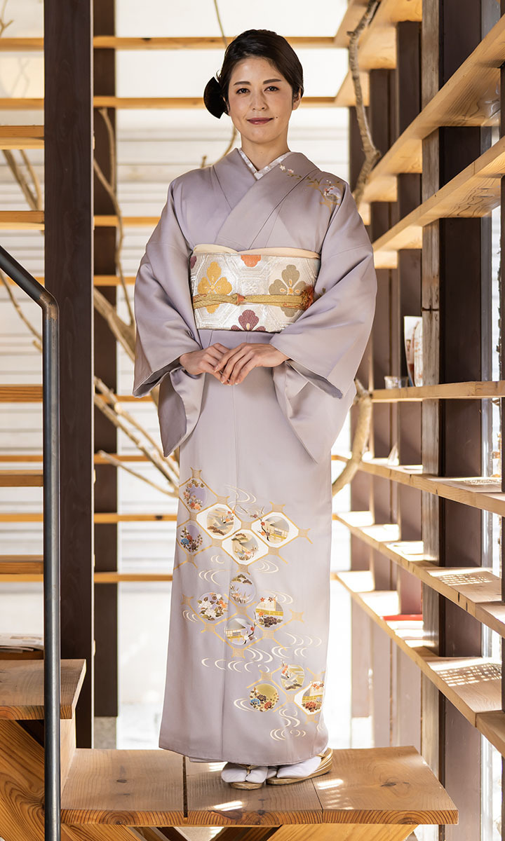 レンタル フルセット 高級正絹 訪問着 HO-MI222 銀灰色 格天井文 結婚