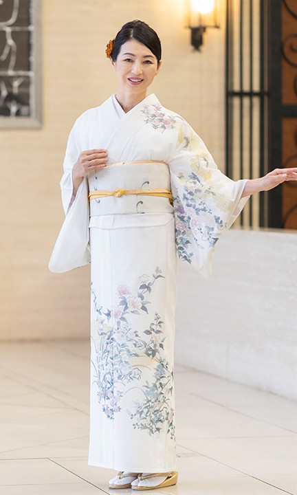 レンタル 夏用 絽 訪問着 フルセット 高級 ROHO-061 白 牡丹桔梗 結婚