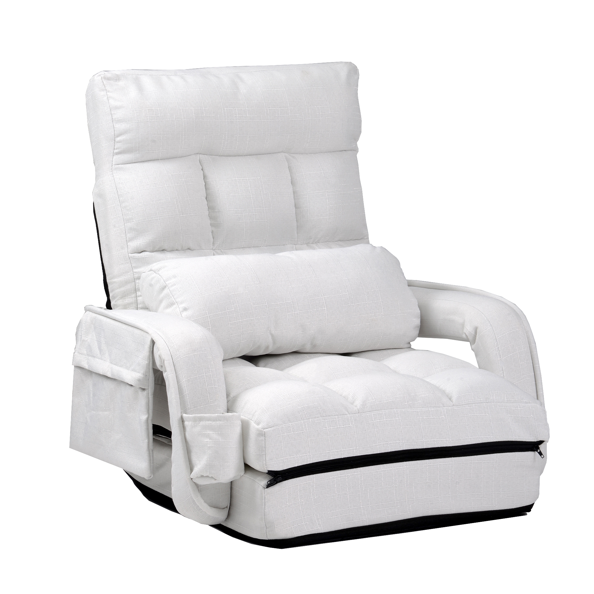 ホワイト7480円】座椅子 肘掛け サイドポケット付き ハイバック 42段階