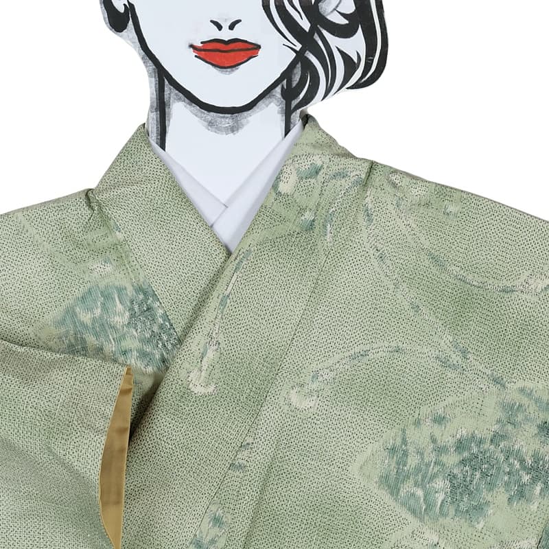 リサイクル紬 真綿紬 紬袷 洒落着物 正絹 経緯絣 緑 身長159cm 裄64cm