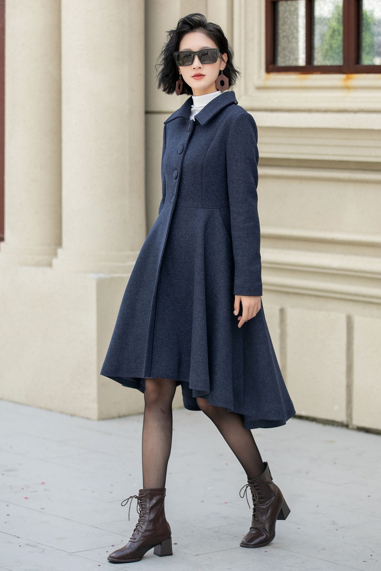 Navy Blue Wool Coat – Vintage Cape Overcoat with High-Low Hem 5352
