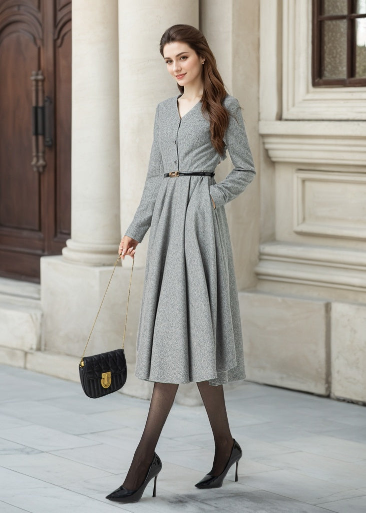 Gray midi wool dress for women 5304 – Xiaolizi