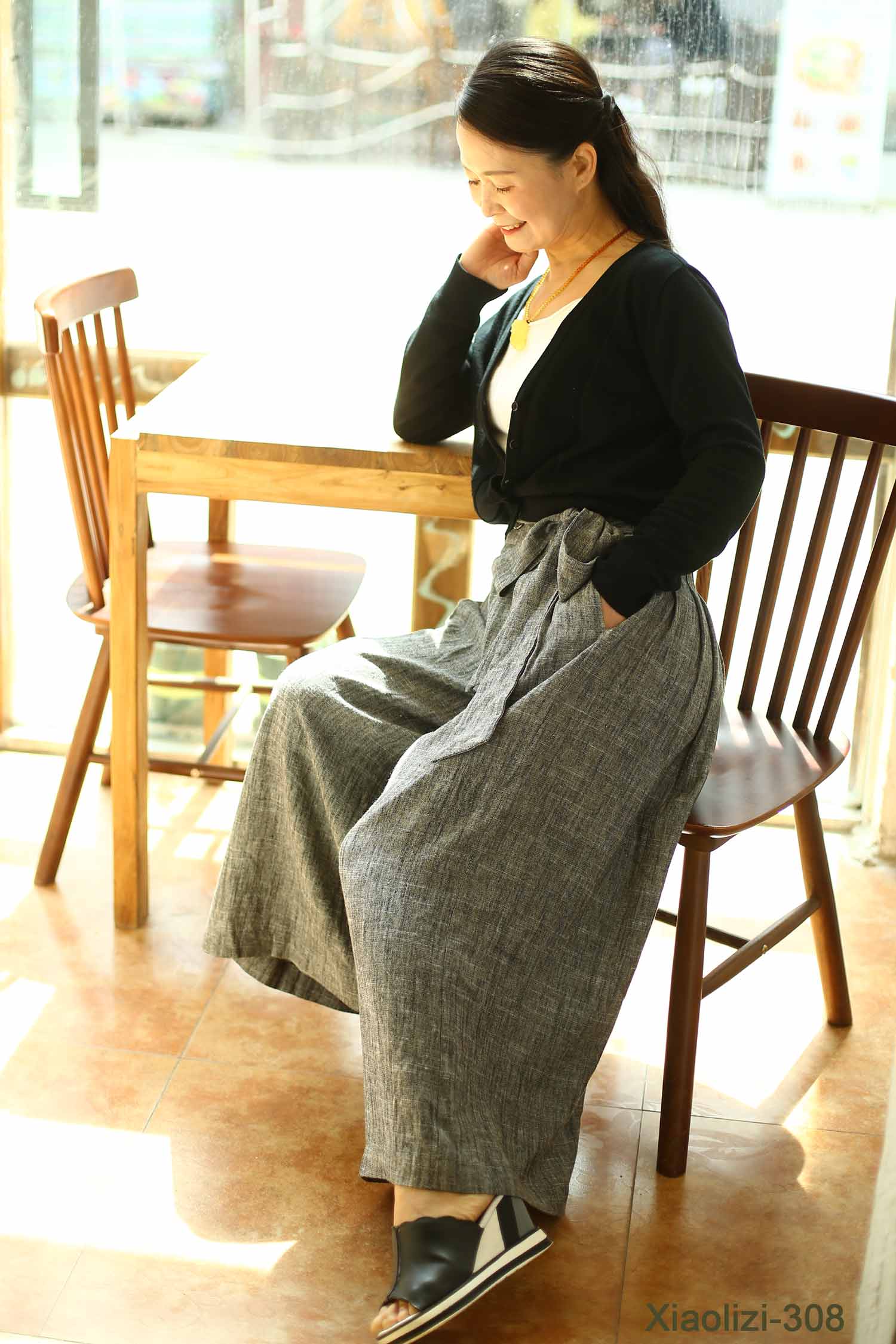 Gray Linen Wide-Leg Pants – Handmade Belted Summer | Xiaolizi 308
