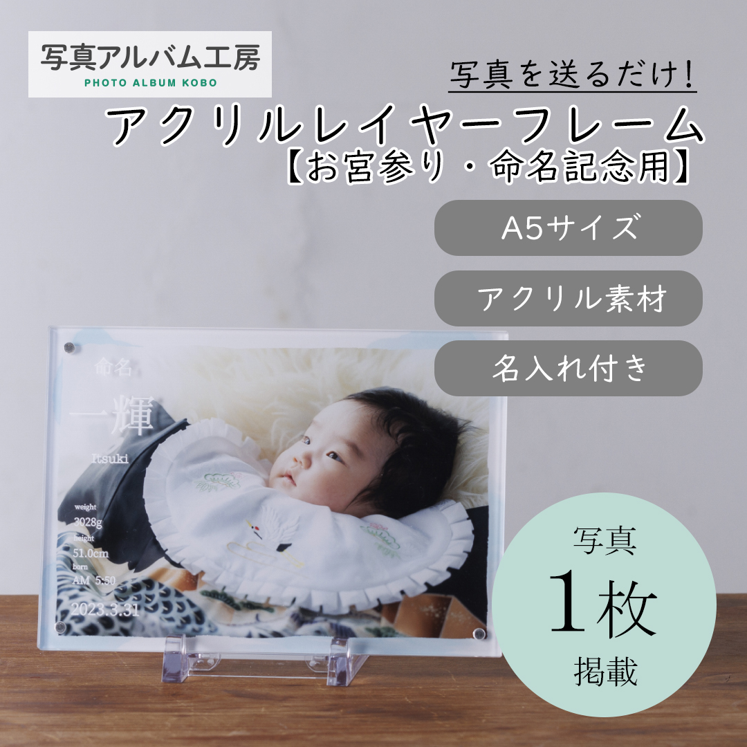 お宮参り・命名記念用】デザインアクリルフレーム A5 名入れ・写真印刷