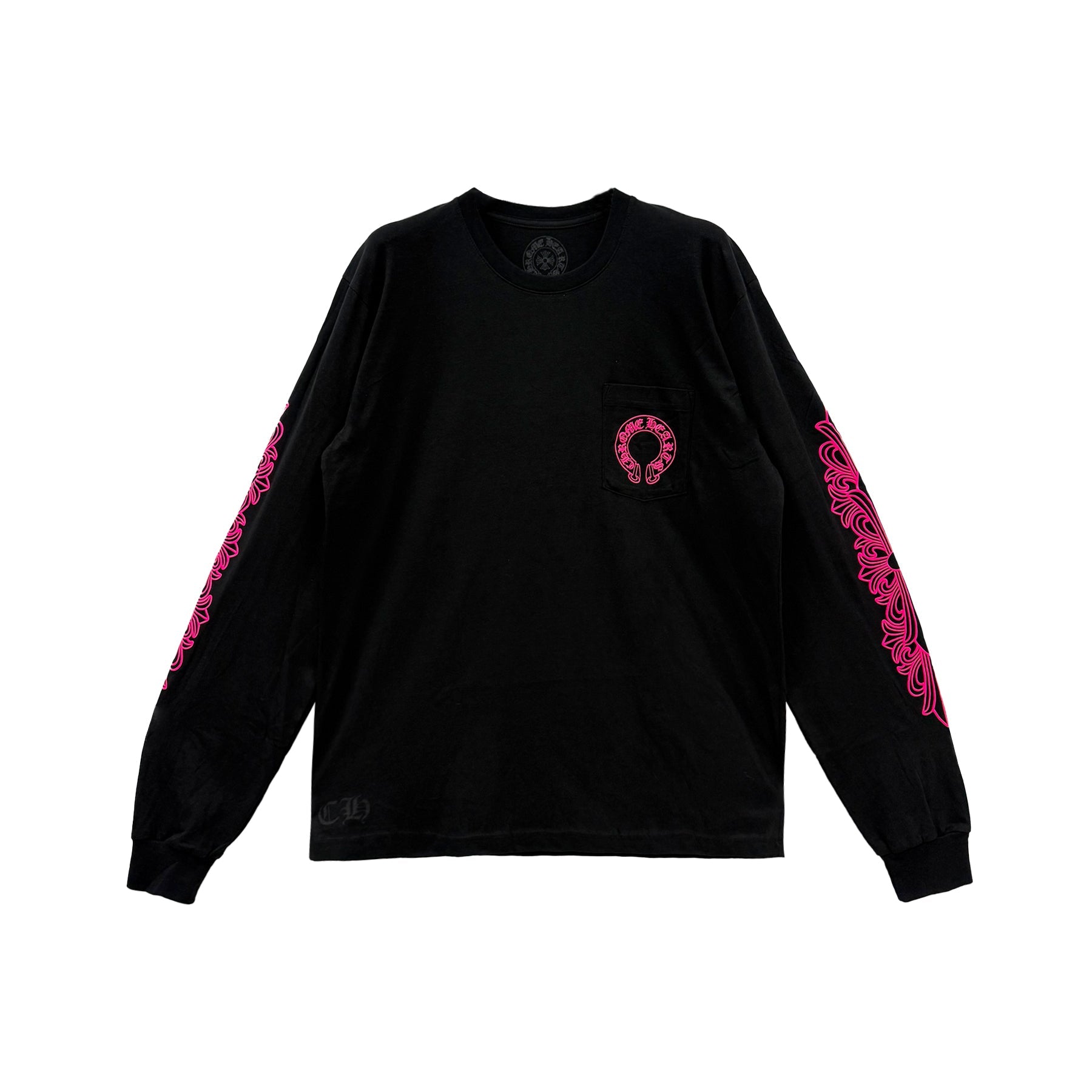 Chrome Hearts Classic Pink Horseshoe Logo Black Long Sleeve T
