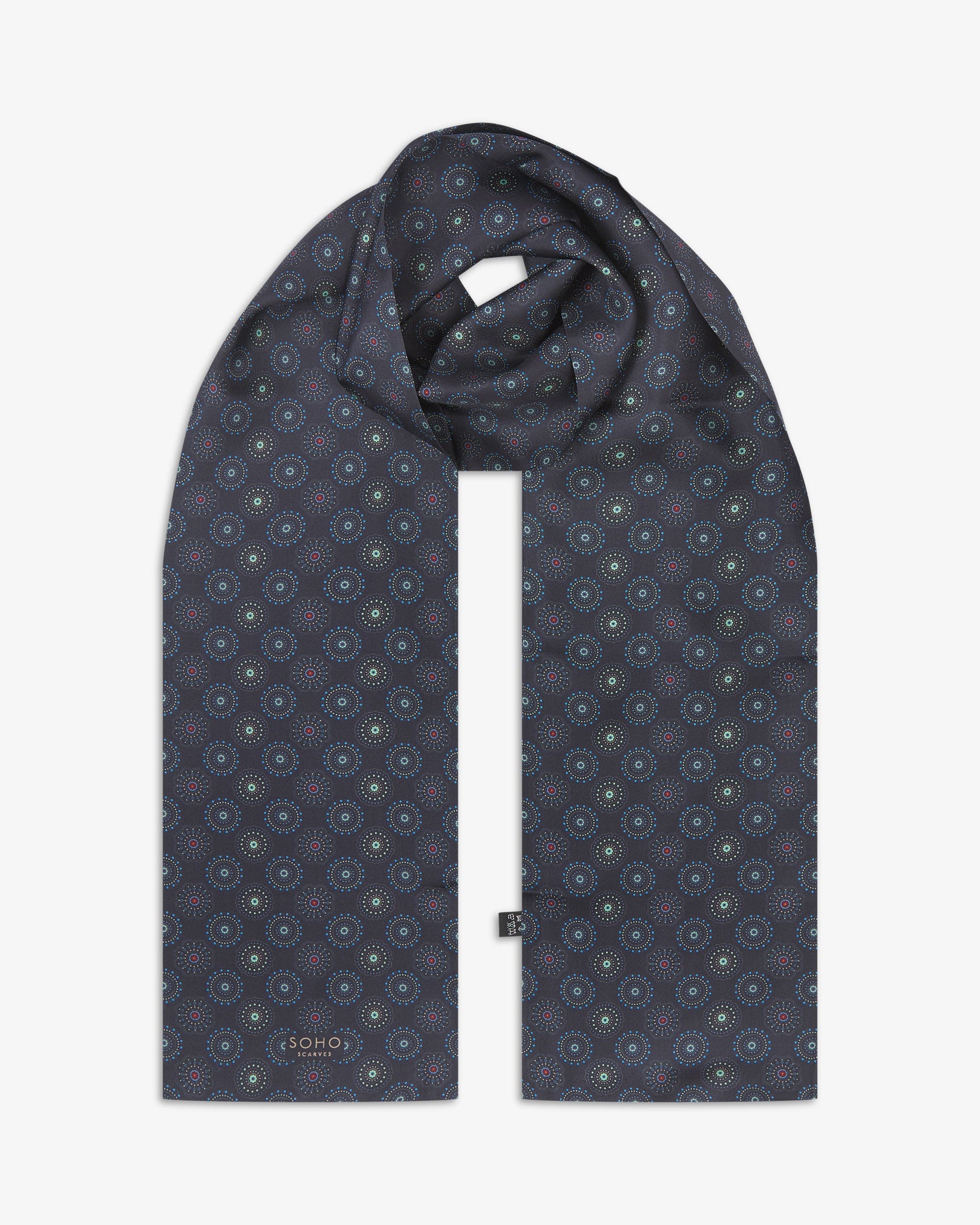 ブラック＆マルチカラー幾何学模様のシルクスカーフ | Soho Scarves