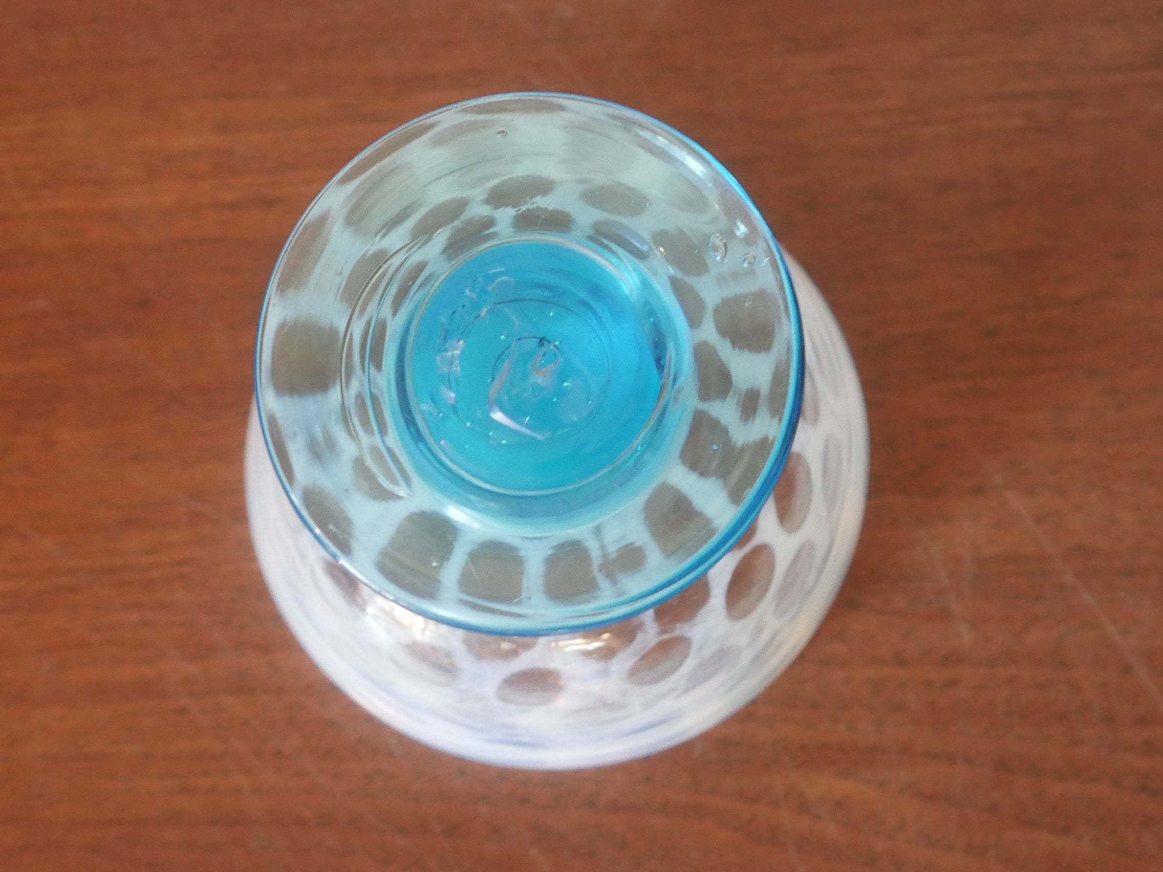 大正浪漫 氷コップ【碗型水玉紋】青脚 大正〜昭和初期 焙り出し 美品