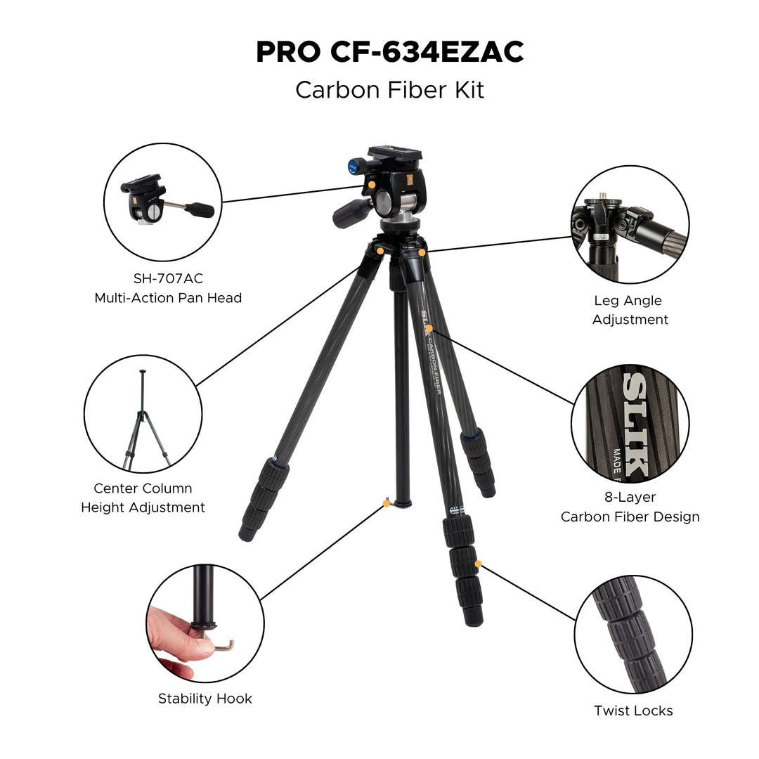 SLIK Tripods | Pro CF-634-EZAC Carbon Fiber Tripod w/ Head