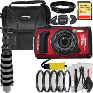 OM SYSTEM Tough TG-7 Digital Camera Bundle (Red) - Includes: 64GB