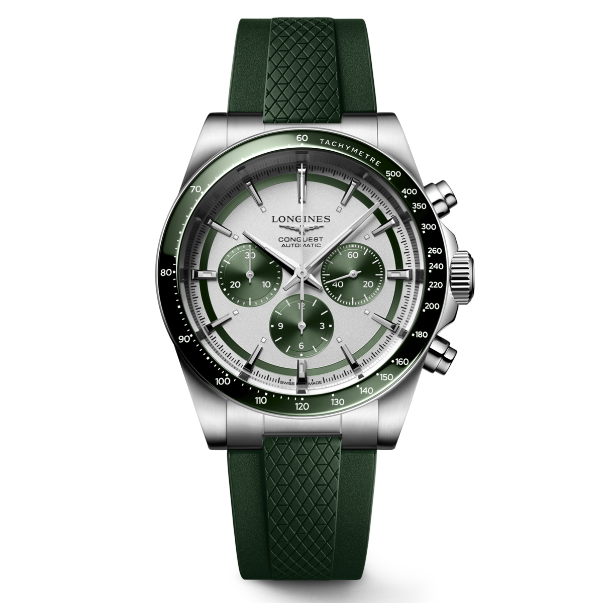 Longines Conquest Chronograph Silver & Green Dial Rubber Strap