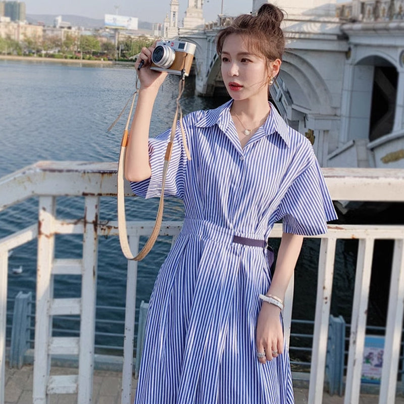 サイドベルトストライプワンピース（青）春/夏 大人マリンスタイル