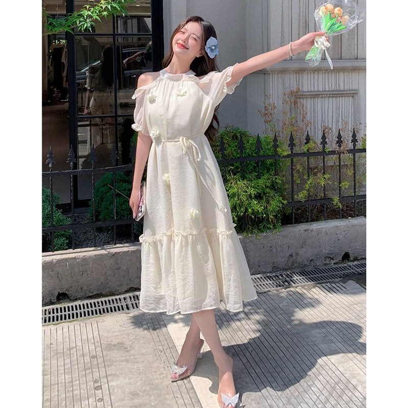 オープンショルダーシフォンワンピース（黄）春/夏 フリルやコサージュ