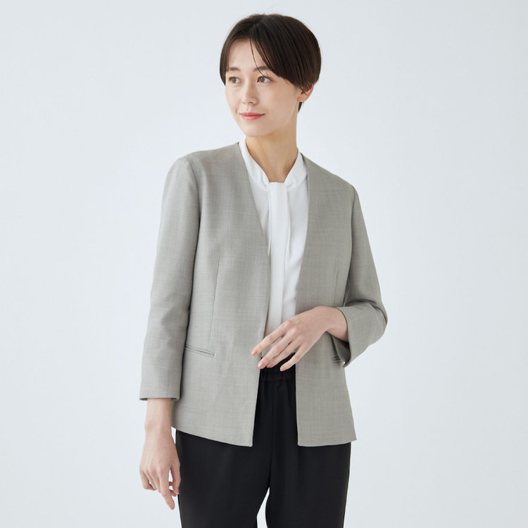 SL】【春夏】ノーカラー七分袖ジャケット/グレー/ウォッシャブル