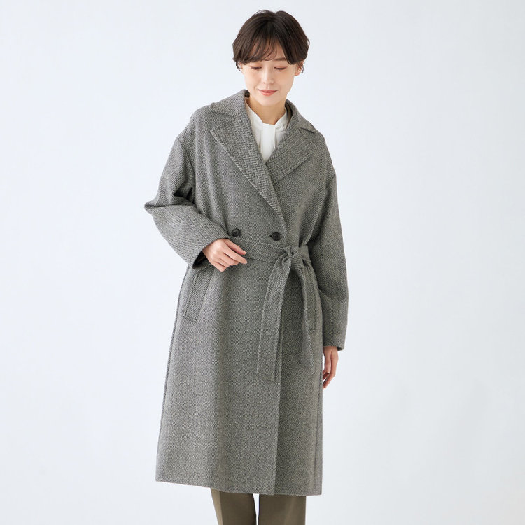SL】ビックシルエットダブルベルテッドコート/グレー×ヘリンボーン