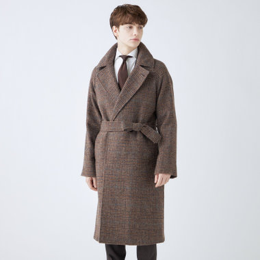 SL】ウールダブルチェスターベルテッドコート/ブラウン×チェック