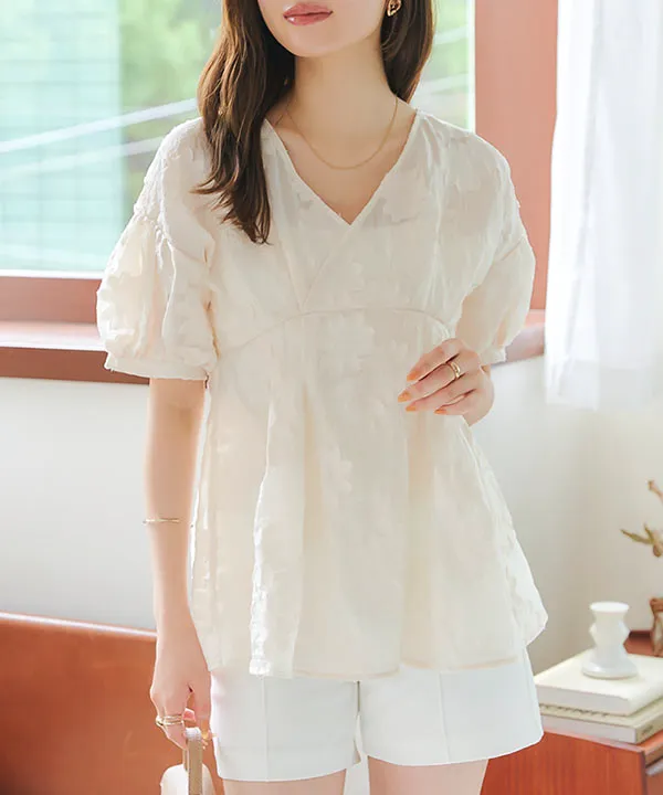 Vネックフラワージャガードシアーブラウス [C7167] - レディース