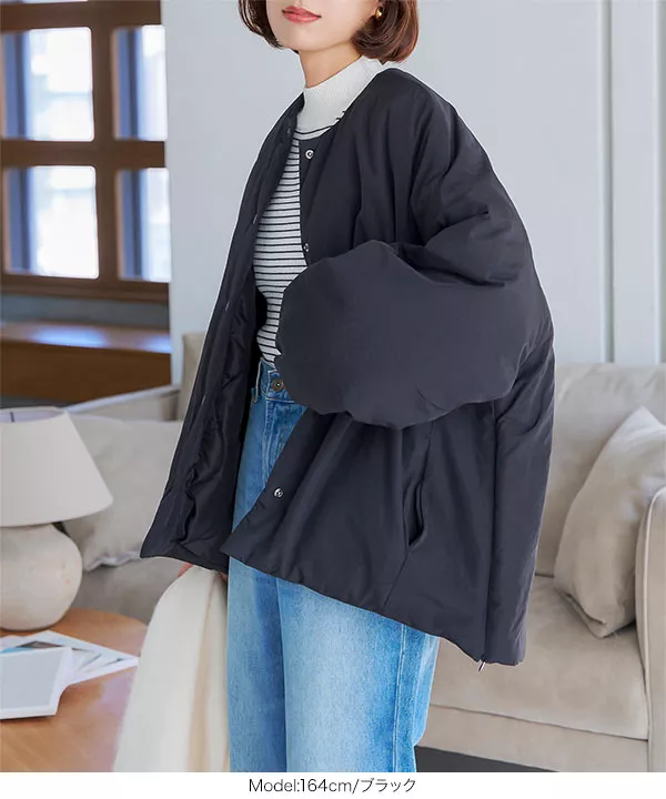 ノーカラーサイドZIP中綿ジャケット [K1228] - レディースファッション