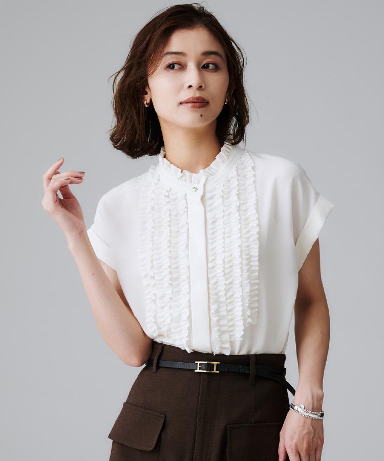 スタンドネックフリルブラウス【吸水速乾/UVケア】（シャツ・ブラウス