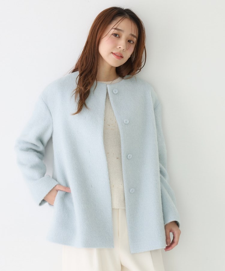 日本製／モヘヤ混／ヒップ丈】ノーカラーコート（ノーカラーコート