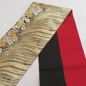 袋帯 振袖用 絹 波に桜紋様 ゴールドxブラックxホワイト 金糸銀糸 六