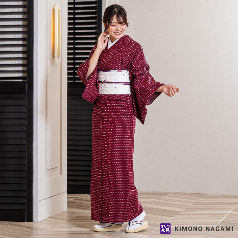 久留米絣│お仕立て上がり 洗える木綿きもの │フリーサイズ 臙脂に