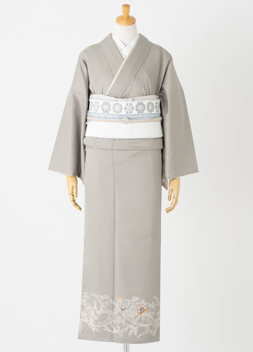 付下げ訪問着レンタル 更紗花冠 石色【華紋の行進 白 スタイル