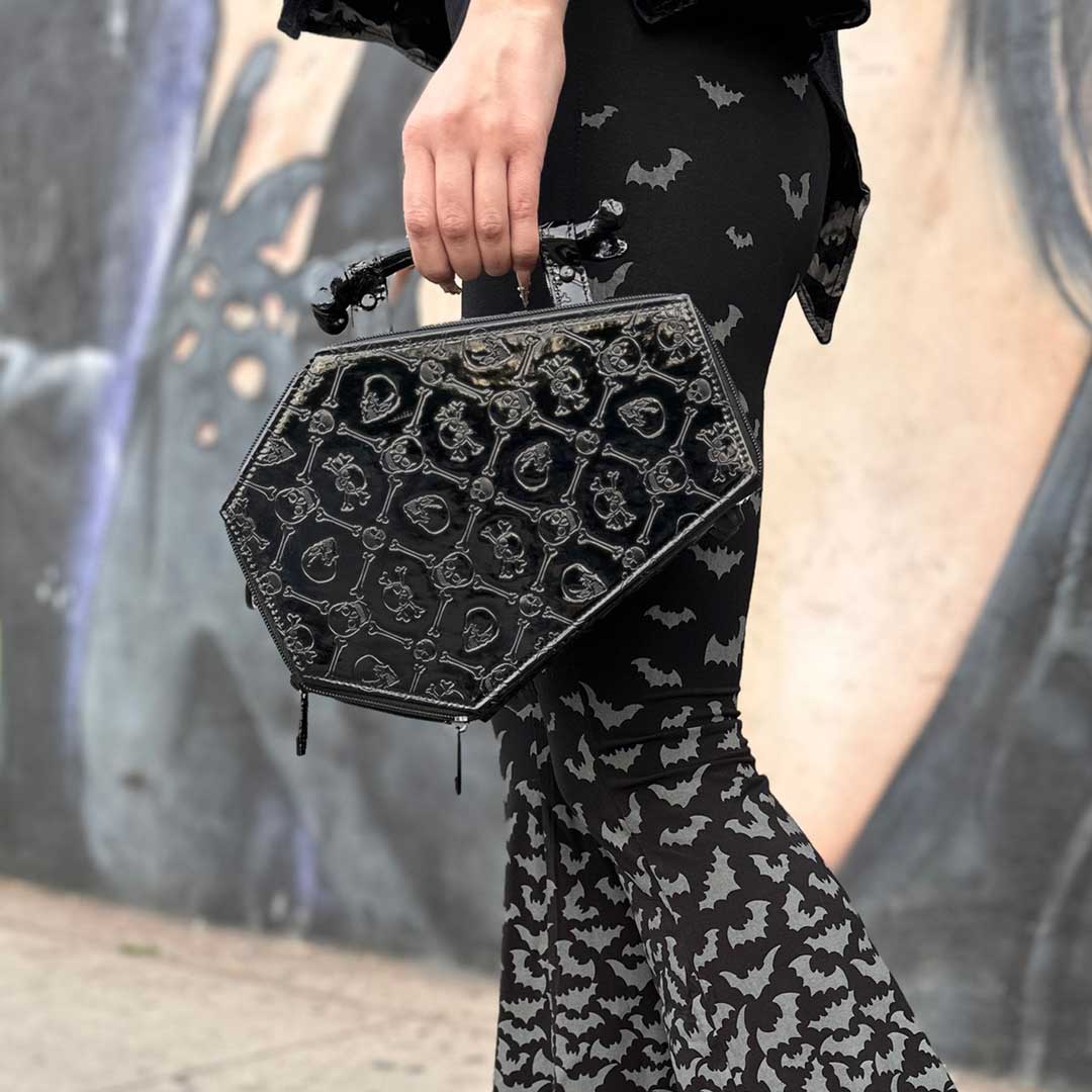 Embossed Patent Skull Crossbones Coffin Purse Bag