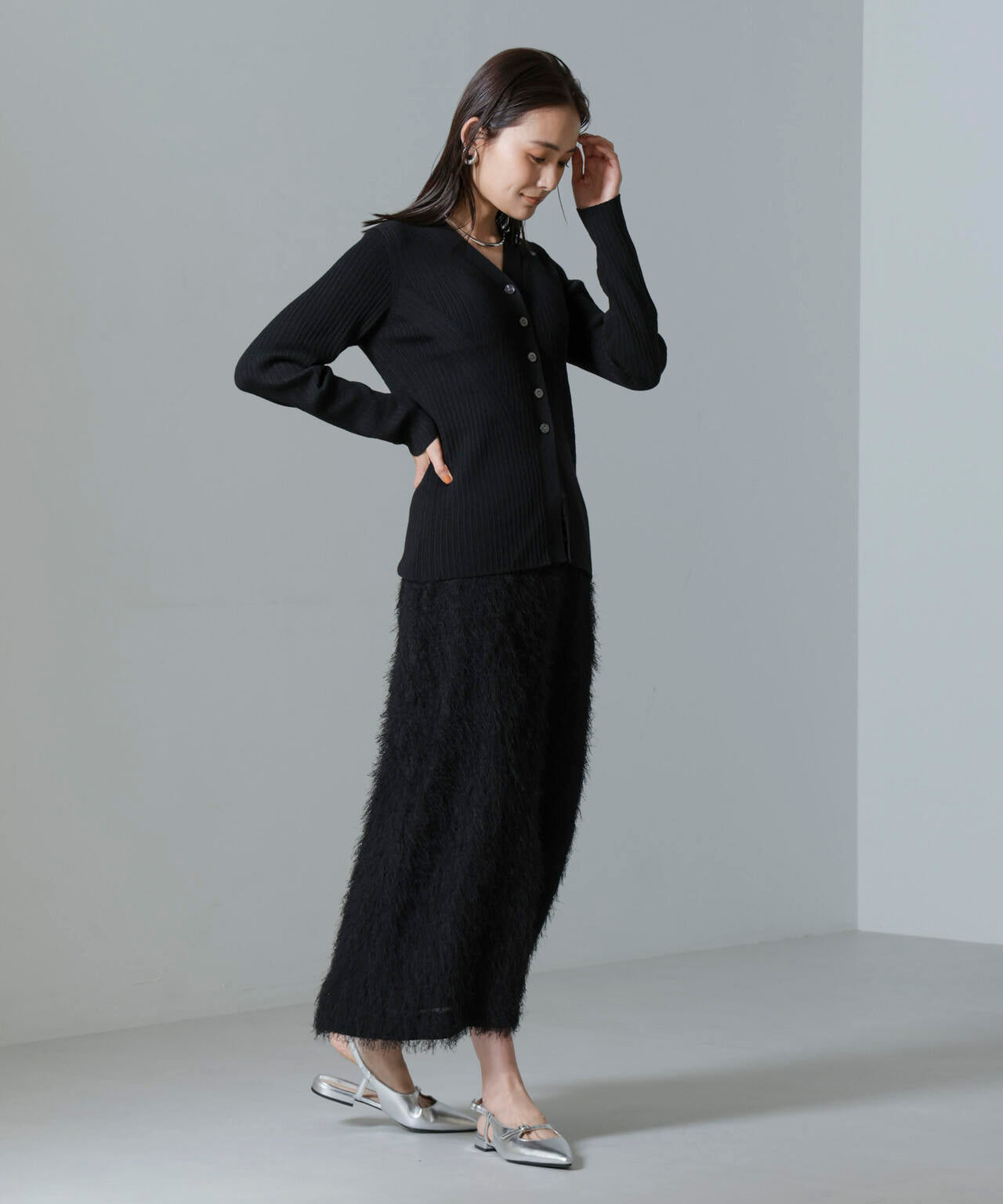 毛玉レス ニット Vネック リブ カーディガン