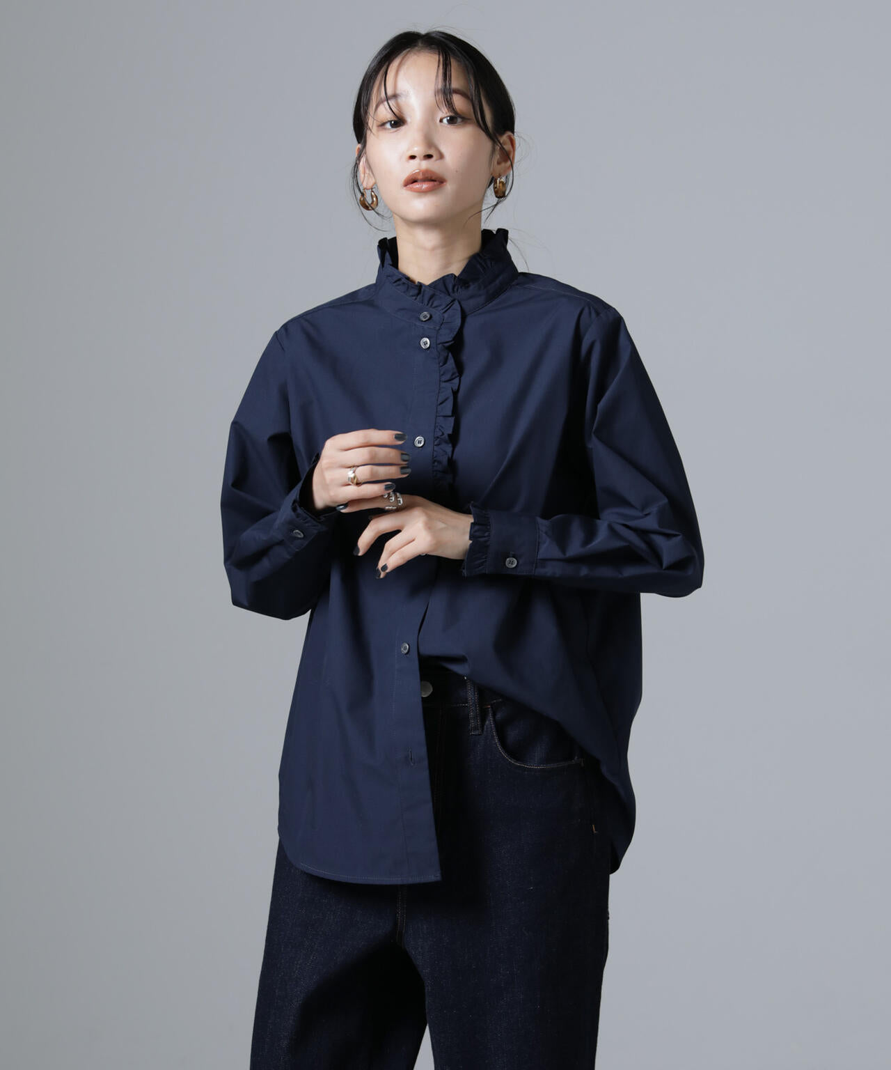 共布 リボン 付き スタンドカラー シャツ ブラウス