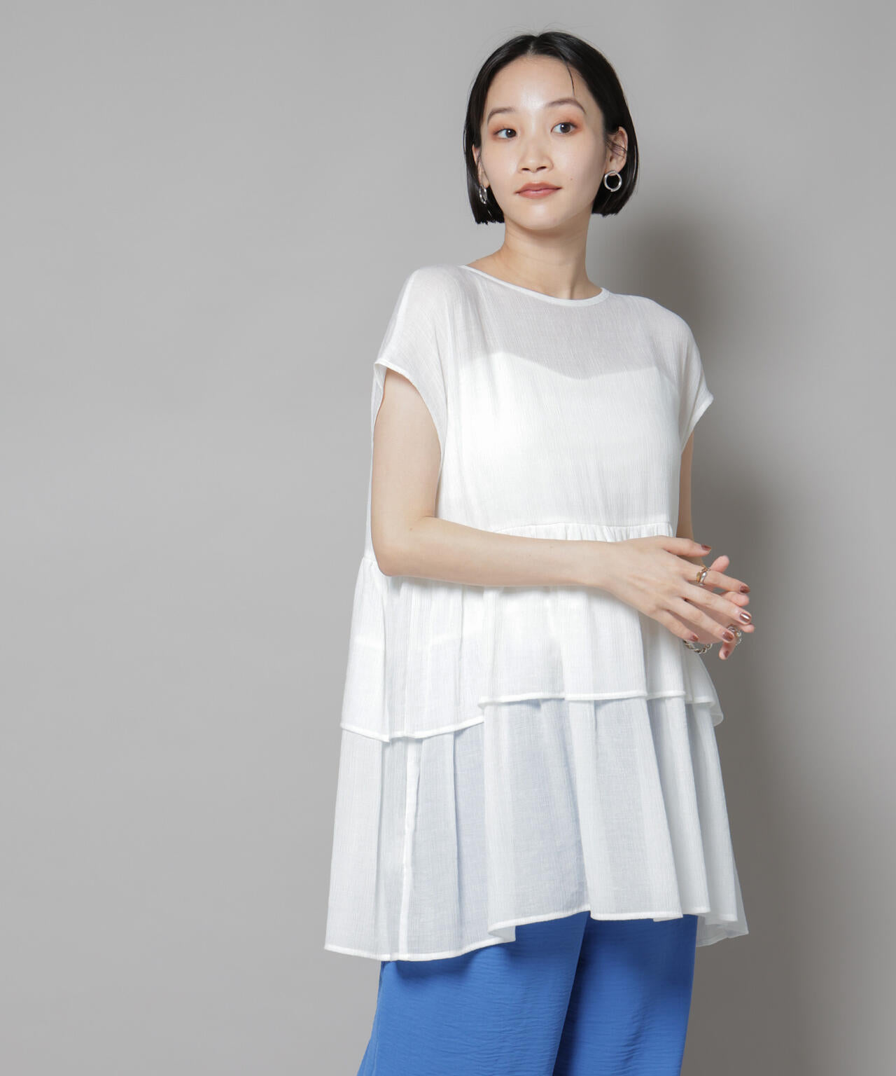 前後 2way シアー 楊柳 ノースリーブ ティアード ブラウス