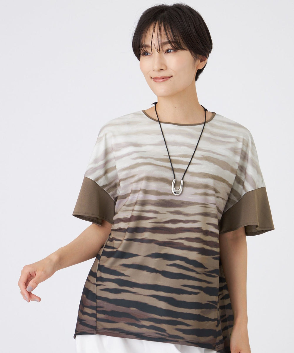 接触冷感】【ウォッシャブル】グラデーションゼブラカットソー