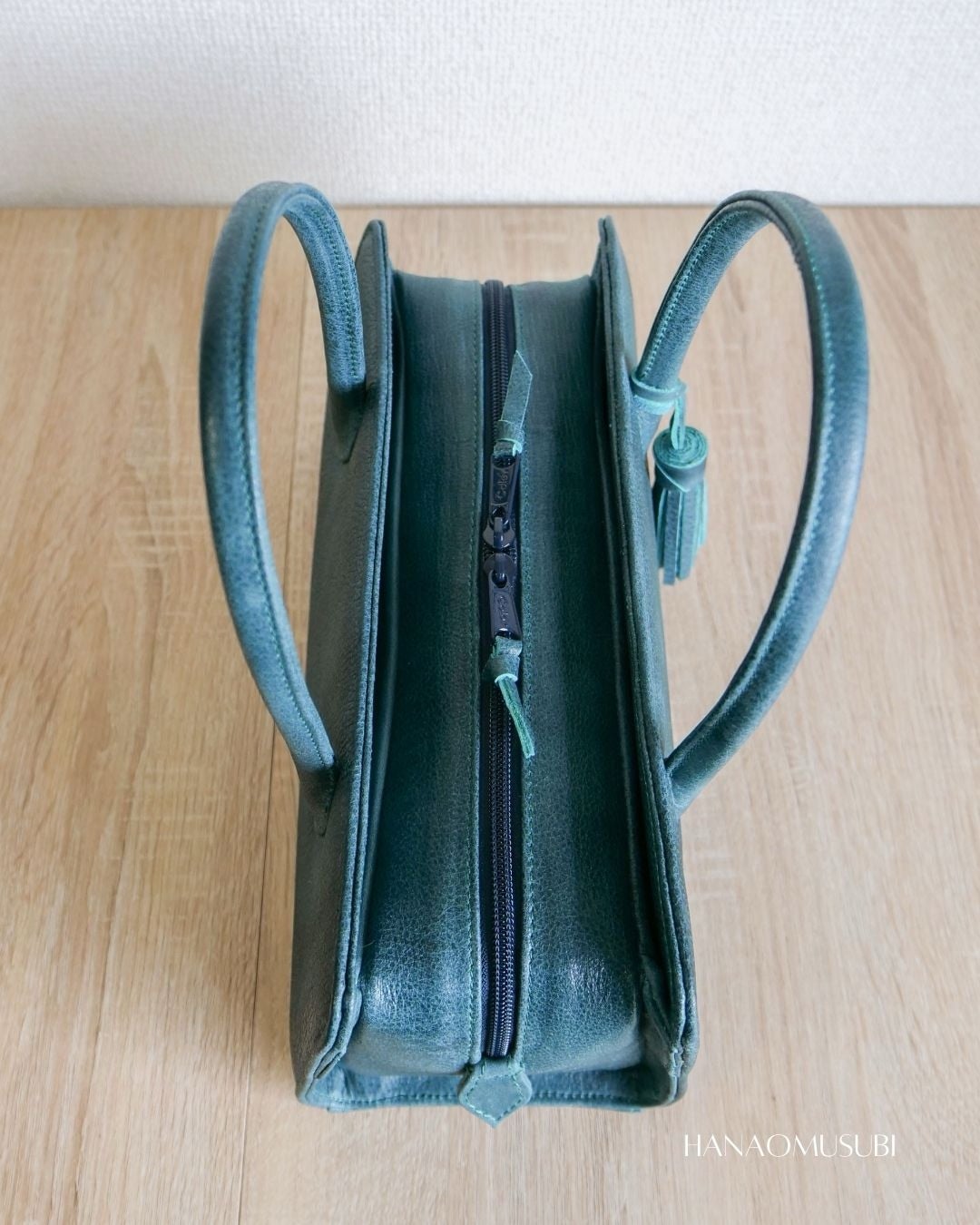 美品 本革 利休バッグ 和装バッグ レザー 青緑 ピーコックグリーン