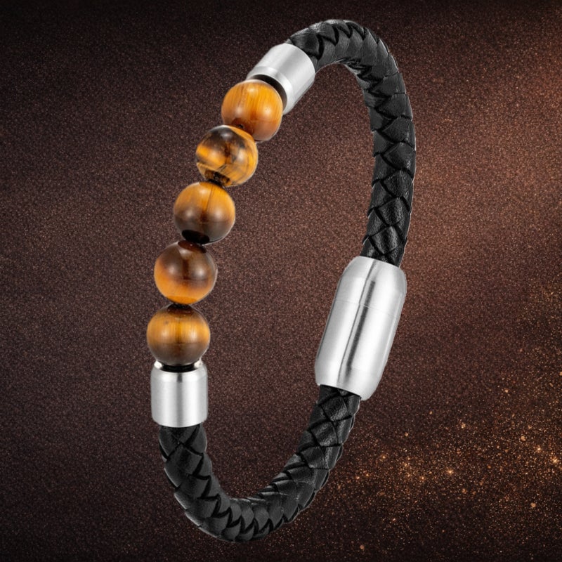 手元に宿る存在感。編み込みレザー×タイガーアイ開運ブレスレット