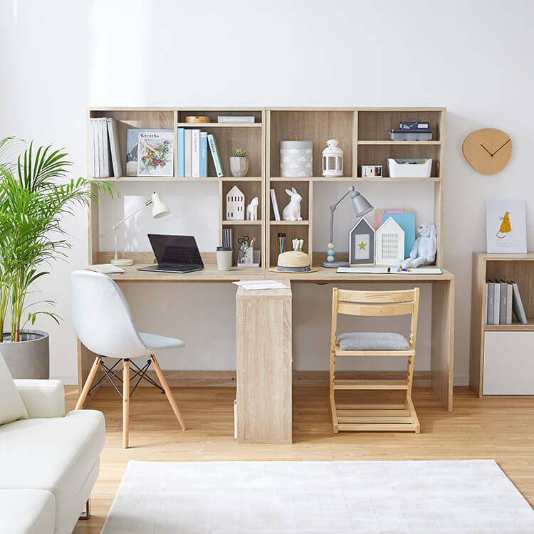 幅196] 学習机 2人用ツインデスク 本棚・サイドラック付き ナチュラル