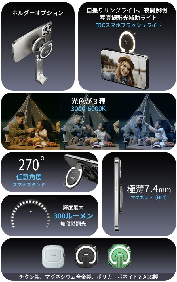 EDCスマホフラッシュライトの新時代】極薄！スマホスタンドに変身可能