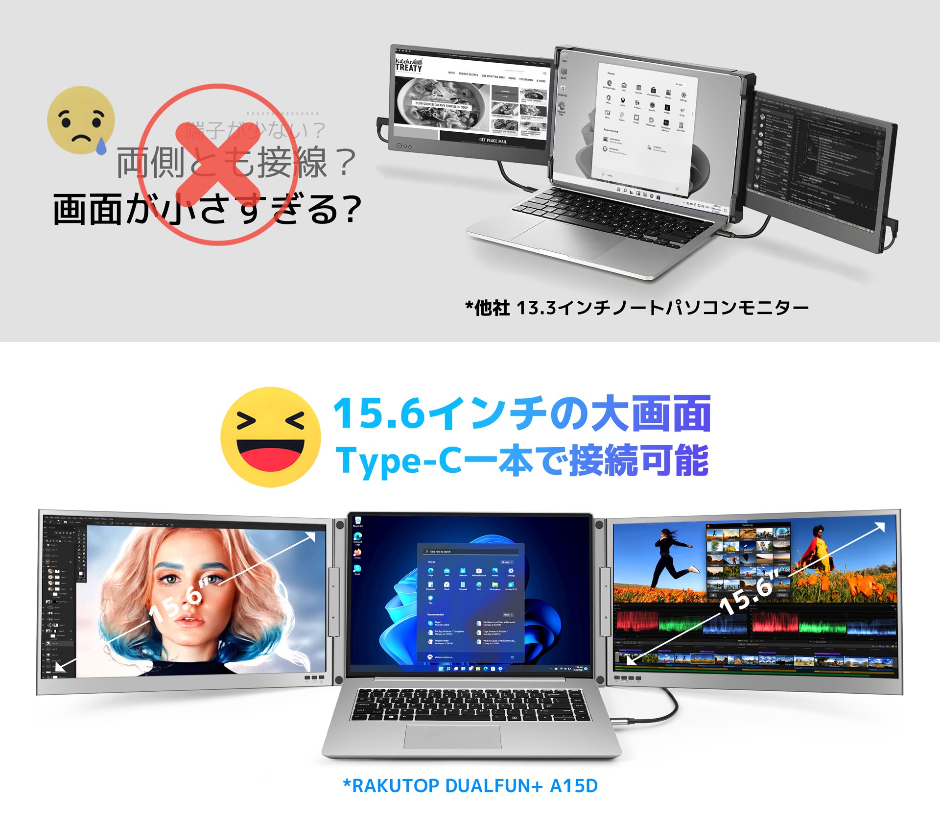 RAKUTOP DUALFUN+1本ケーブルで簡単に接続大画面デュアルモニター