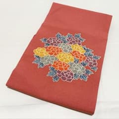 美品 型染め 牡丹の花模様 赤ピンク色系 縮緬 正絹 太鼓柄 名古屋帯