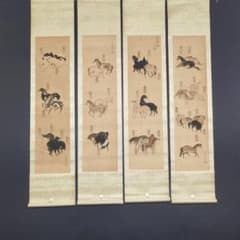 特価・四条屏】李伯时 馬相図 中国絵画 四条屏 掛け軸 床の間・和室