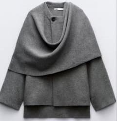 ZARA／アシンメトリースカーフ付きニットコート（グレー／ケープコート