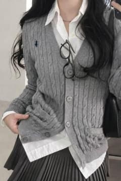 ラルフローレン ケーブルニットカーディガン グレー XS グレー×白