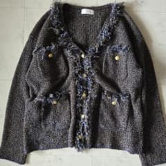 リヴドロワ ツイードニットカーディガン ブラウン 茶 金ボタン