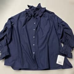 タグ付き 美品 CADUNEカデュネ フリル衿ブラウス ボウタイ ネイビー 紺