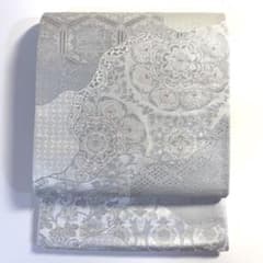 5k2789 袋帯 絹 西陣織 正倉院文様 華文 銀色 白 ピンク グレー 花柄