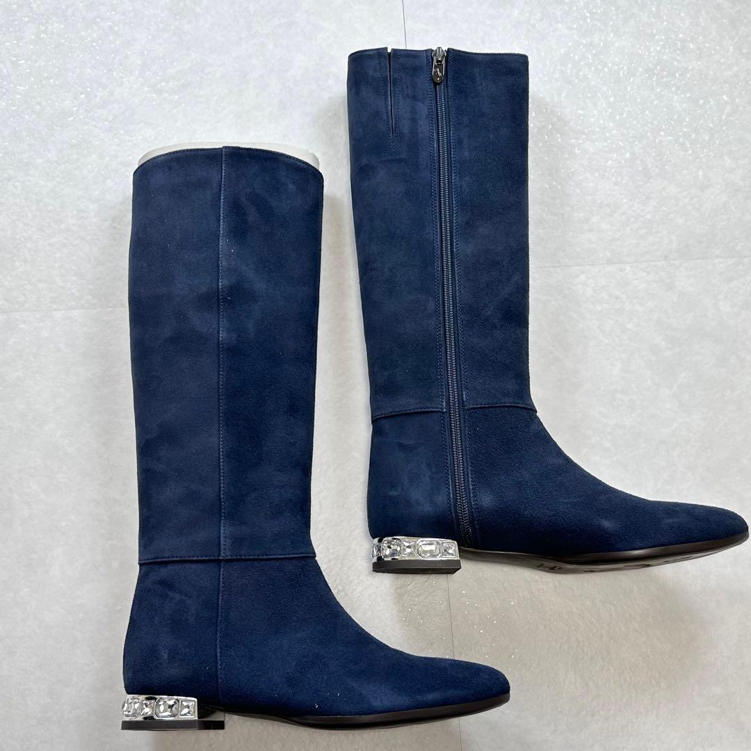 未使用】銀座カネマツ 装飾付き ロングブーツ スエード ネイビー 22.5