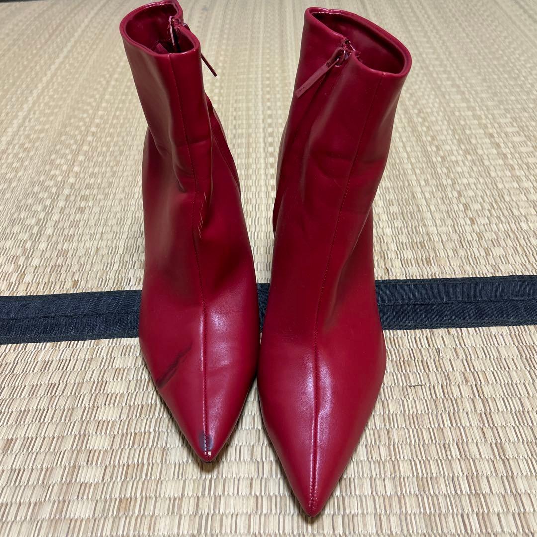 ZARA レディース 赤 レザー ポインテッドトゥ サイドジッパーブーツ